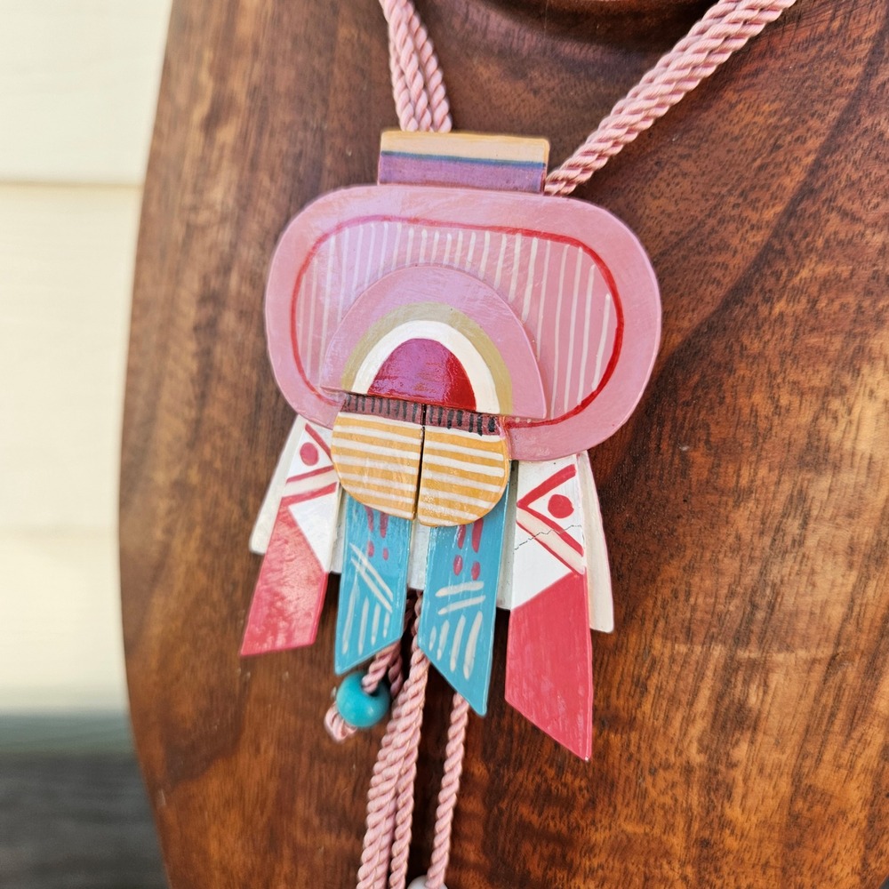 B. Reemelin Signed Vintage 1980s Geometric Bolo Tie Pink Teal Handmade Painted